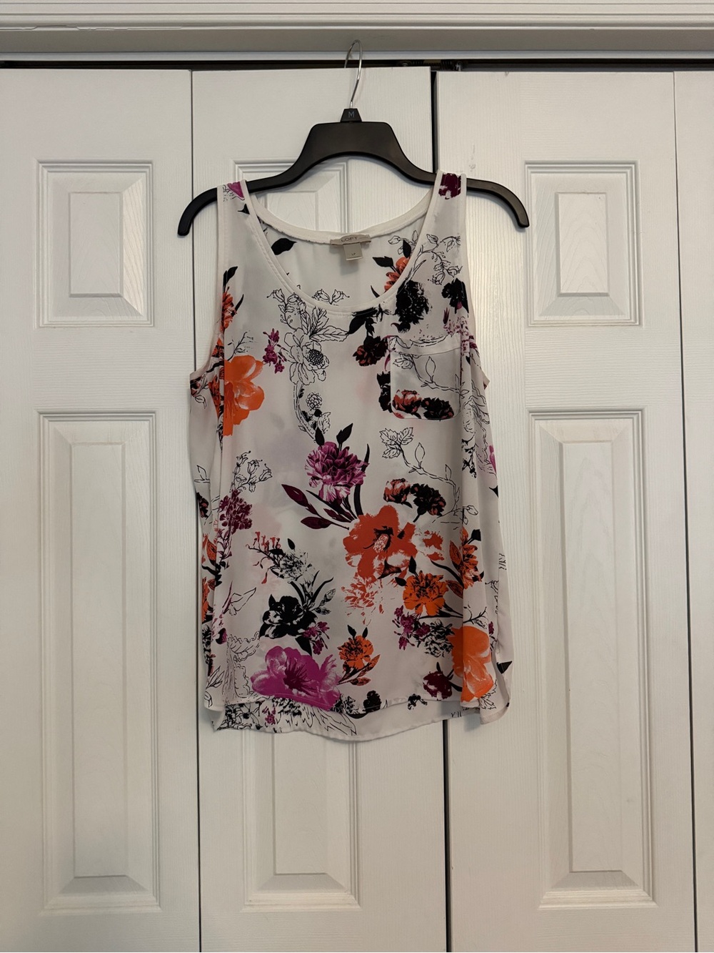LOFT Floral Scoop Neck Tank Top - White with Orange & Pink Floral